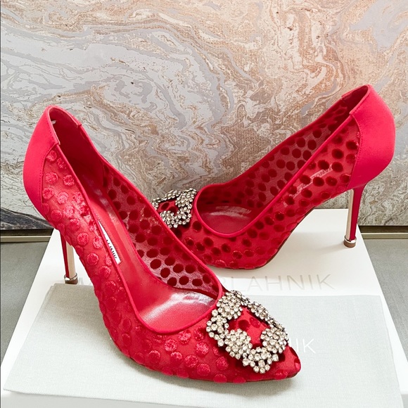 New! Manolo Blahnik Hangisi Red Jewel Buckle Pumps - Picture 10 of 11